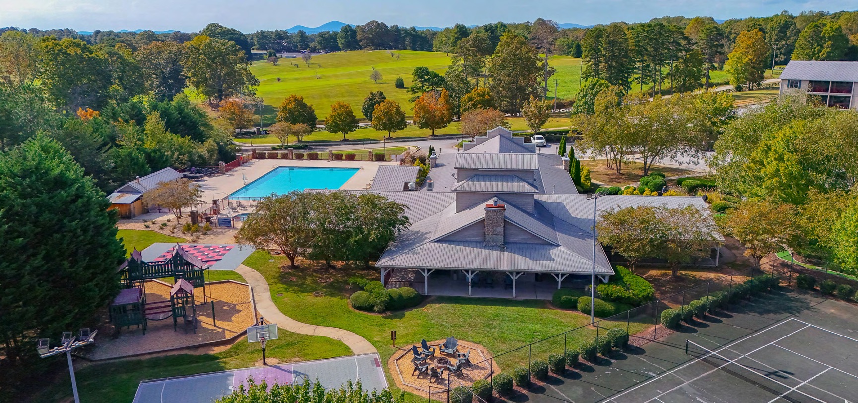 Pool and tennis courts from above