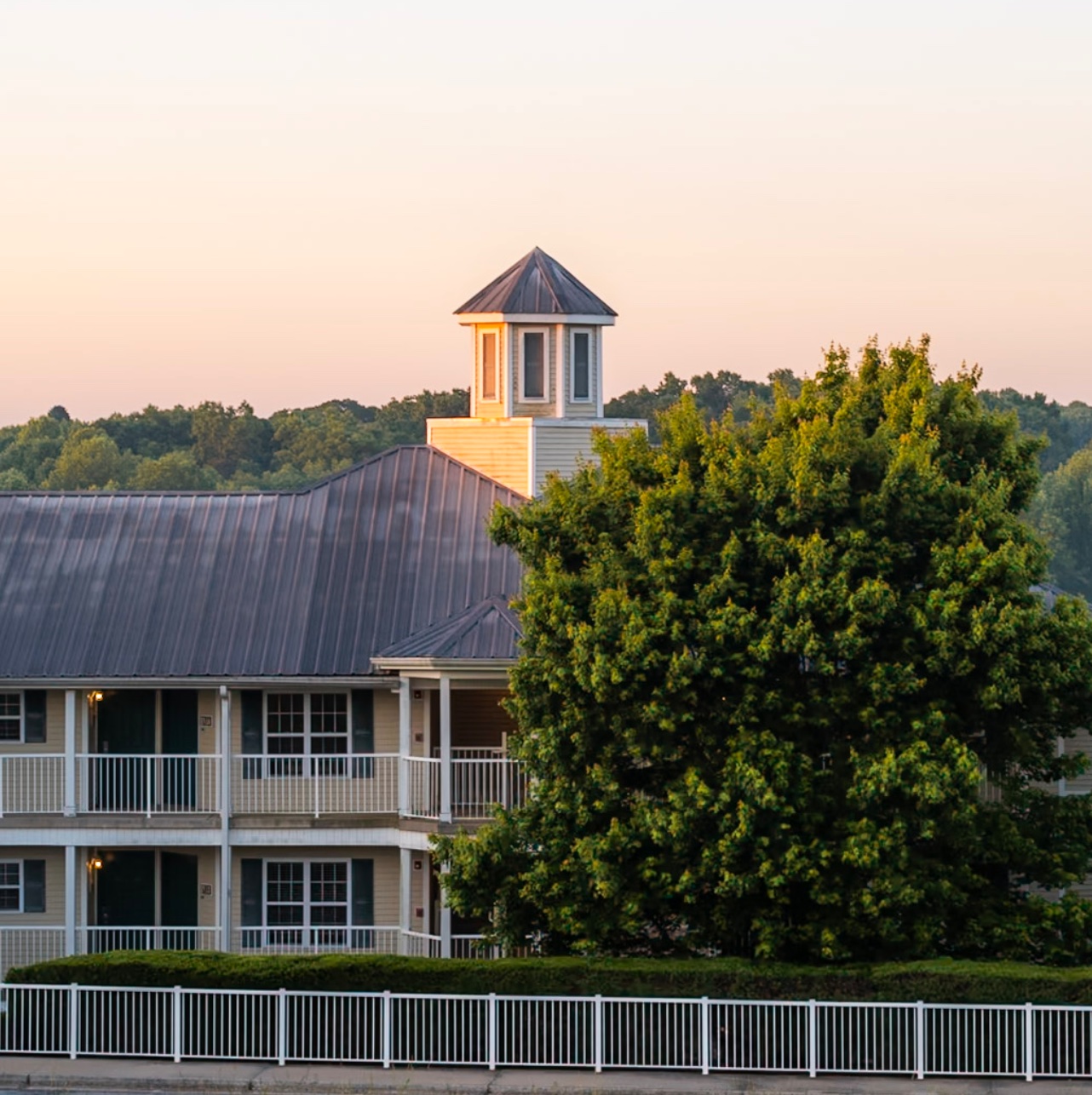 Apple Mountain Lodge buildings at sunset in the North Georgia mountains