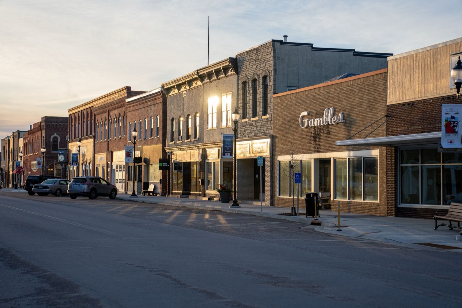 Quiet main street with local storefronts, typical of small towns in Habersham County
