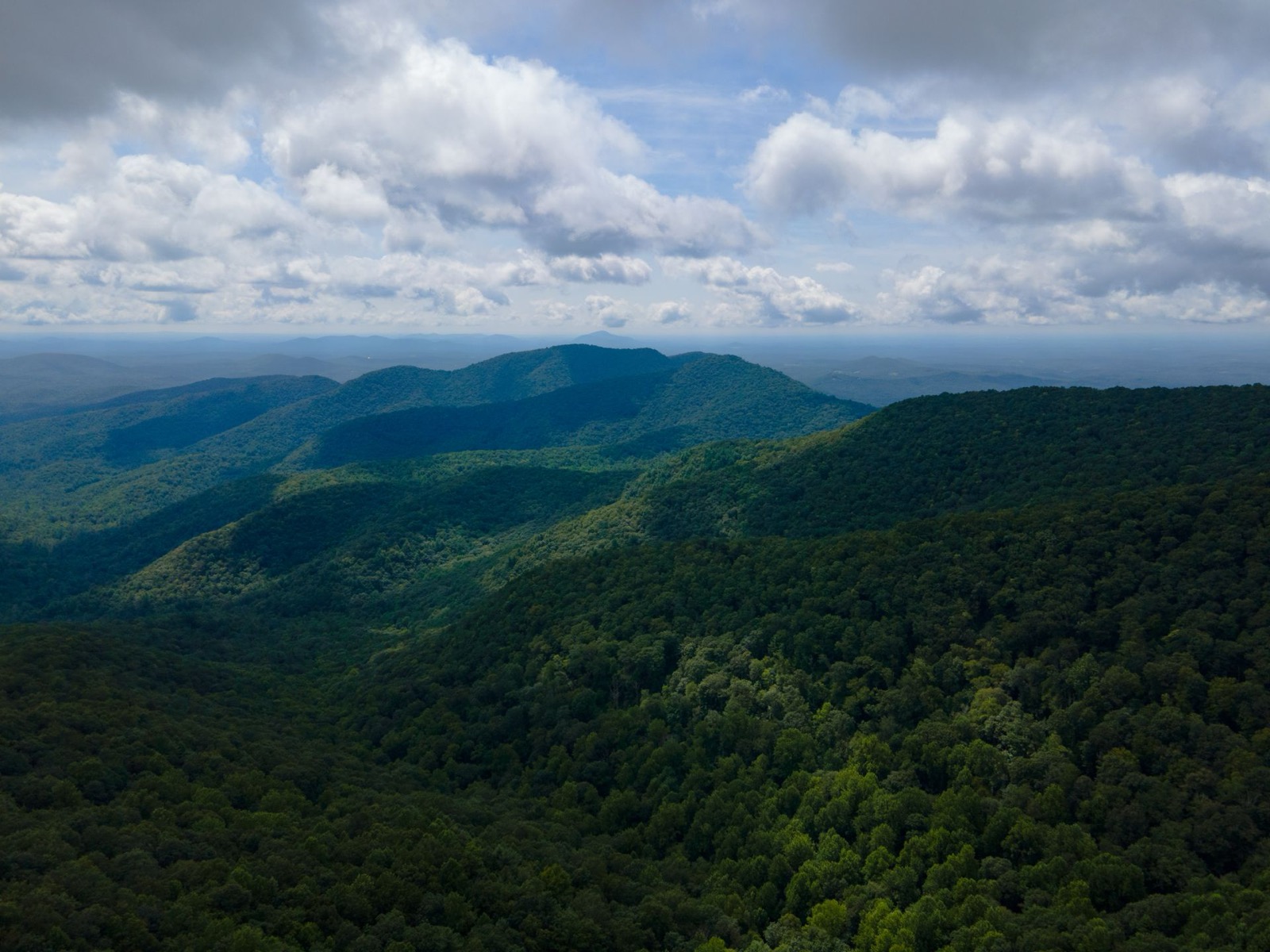 Aerial view of the forested Blue Ridge Mountains in northeast Georgia