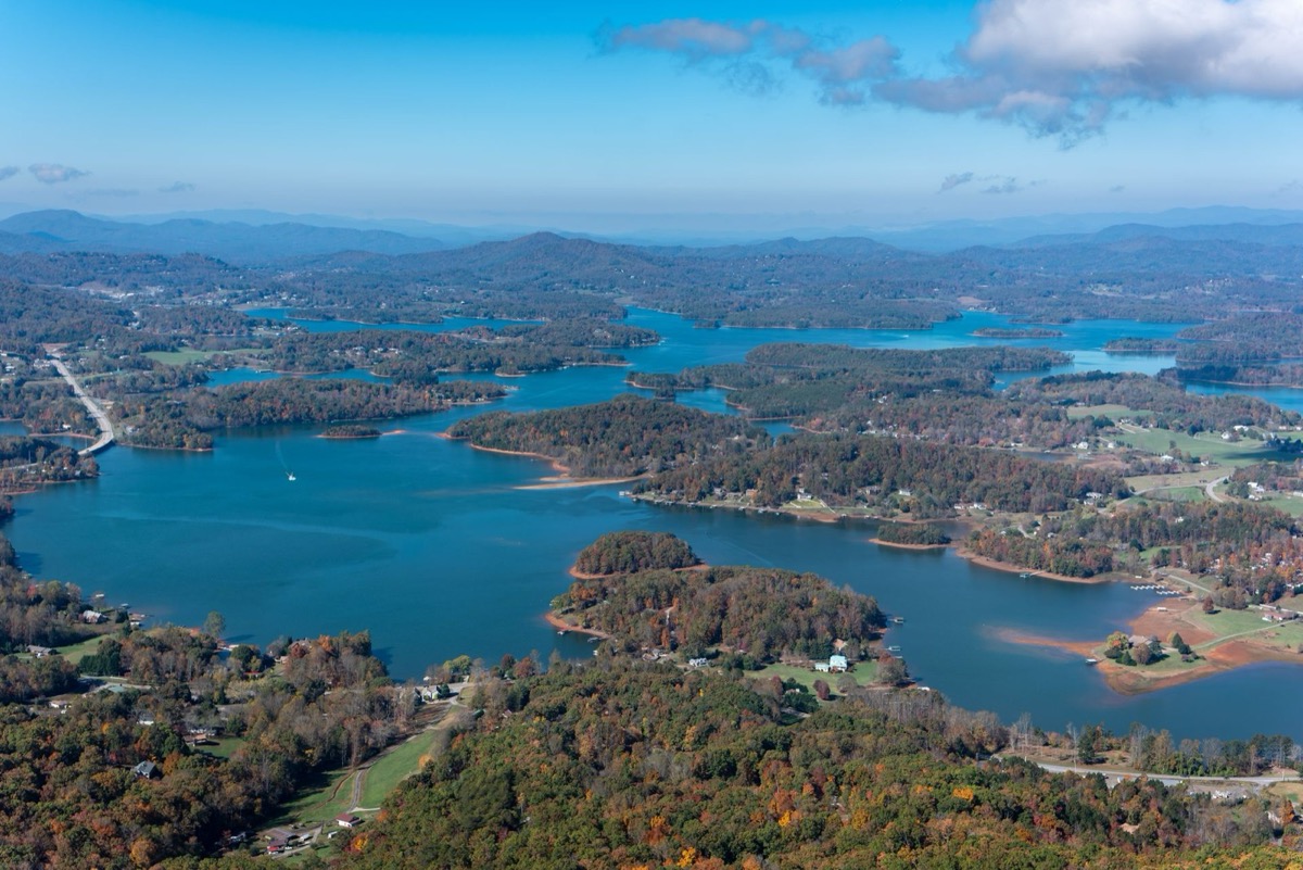 Aerial view of Lake Chatuge surrounded by the Appalachian Mountains in northeast Georgia